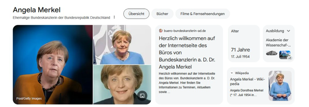 An example of information taken from the Knowledge Graph for the keyword “Angela Merkel”. Clicking on the three-dot menu provides further information on the queries used in the Knowledge Graph.